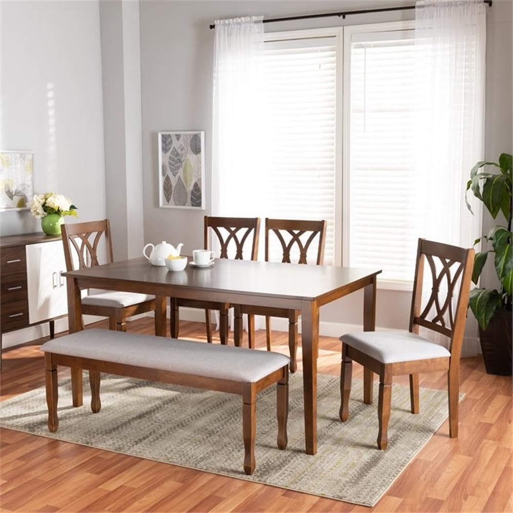 BOWERY HILL 6-Piece Dining Set, Upholstered Wood Construction, Walnut Brown Finish, Includes Table, Bench, 4 Chairs, Foam Cushions, Grey Polyester Fabric, Rectangular Tabletop, Modern Design for