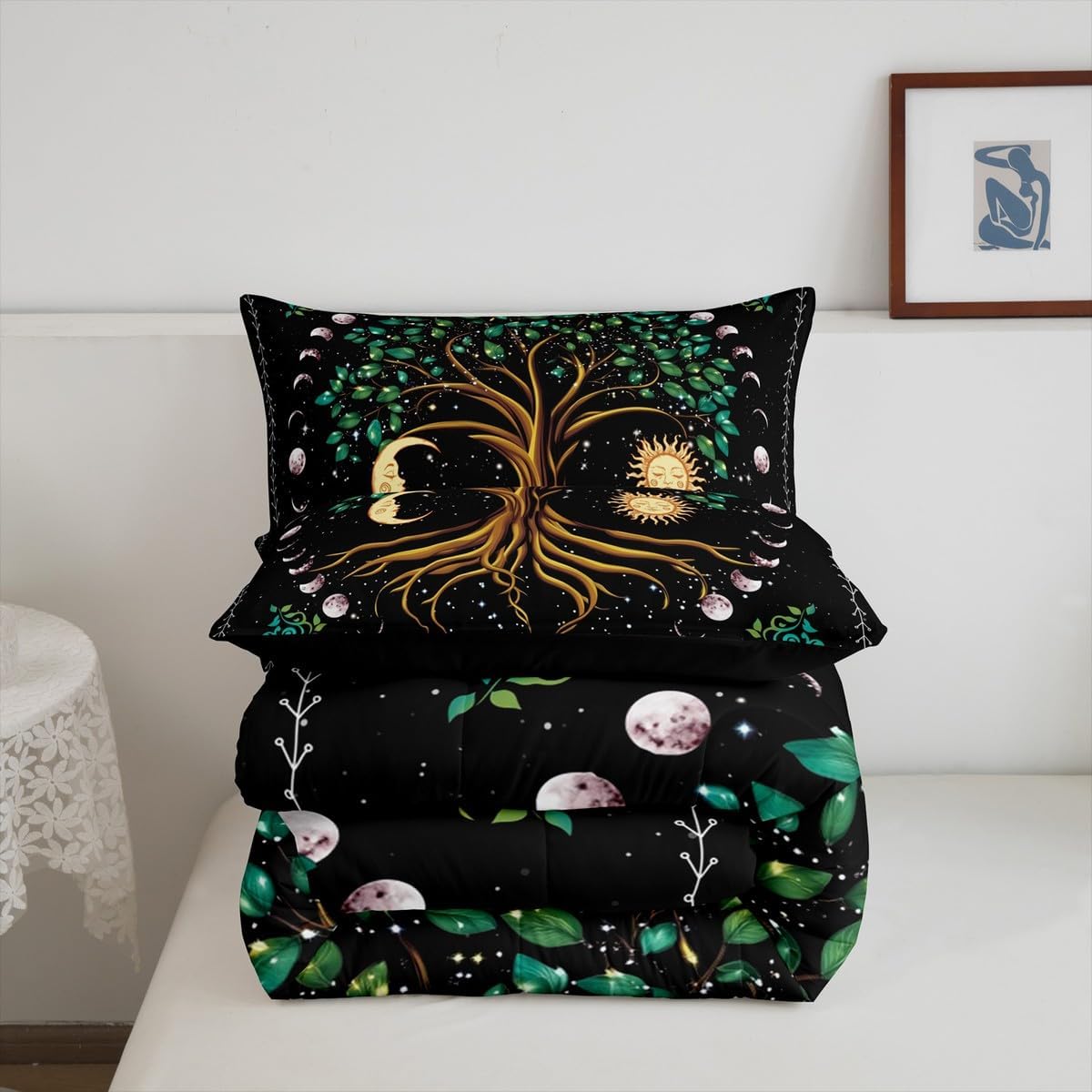 Tree Artwork Kids Comforter Set Queen Size,Sun Moon Starry Sky Galaxy Trippy Bedding Set,Boys Girls Adults Room Decor,Boho Exotic Psychedelic Down Comforter,Watercolor Duvet Insert,2 Pillowcases
