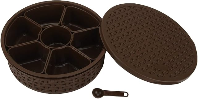 Plastic Spice Box Authentic Indian Masala Dabba perfect for your spice storage with 7 containers and a FREE serving spoon (Brown)