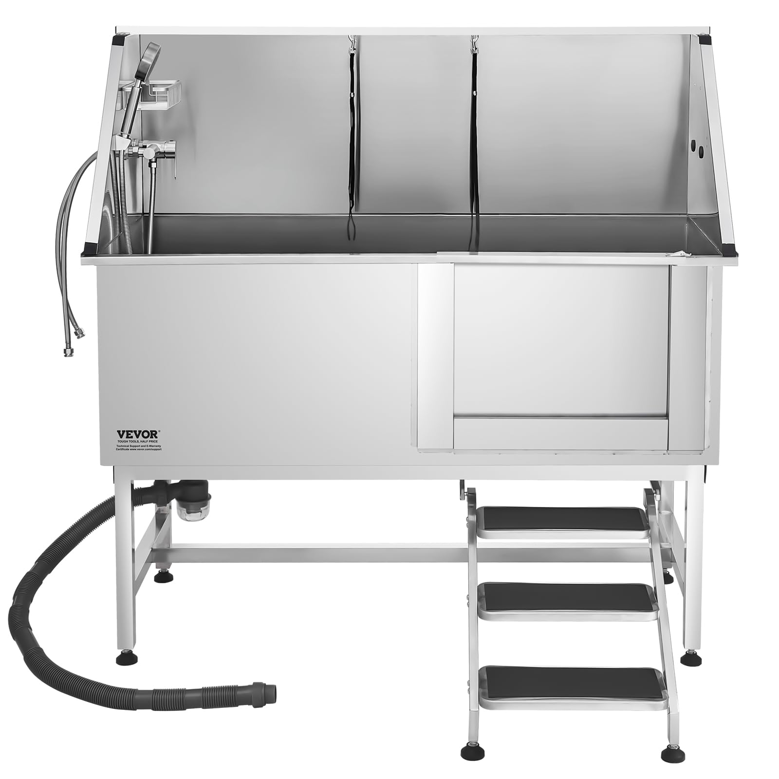 VEVOR Baignoire de Chien Acier Inoxydable, Baignoire de Toilettage pour Animaux de Compagnie 150 cm Station de Lavage Chat, avec Escalier, Panneau Filtre à Eau, Robinet, Pommeau Douche, Porte Droite