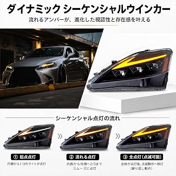 HCMOTIONZ Lexus IS Headlight Three-Eye LED Left and Right Set Headlamp Flowing Turn Signal All LED Amber Color IS250 IS350 IS220d 2006-2012 ISF 2008-2014 GSE20 Series 30 Series Early Mid Late
