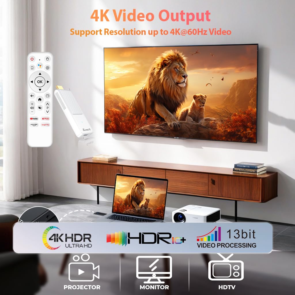 Clé TV Android 14.0, Ultra 4K HD Android Box Smart TV Stick avec télécommande vocale 2 Go de RAM 16 Go de ROM Puce RK3518 Double WiFi 6 2.4 et 5.8 Bluetooth 5.0 HDR10 Support vidéo et audio Blanc 2026
