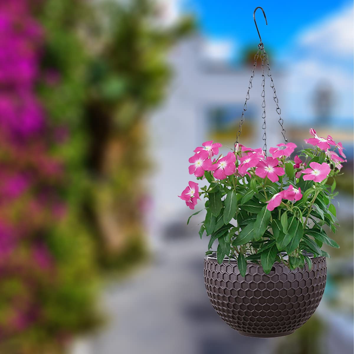 Lot de 3 pots de fleurs suspendus, auto-arrosage, pots de fleurs suspendus avec réservoir d'eau et trou de drainage, nid d'abeille chaînes en acier inoxydable intérieur et extérieur