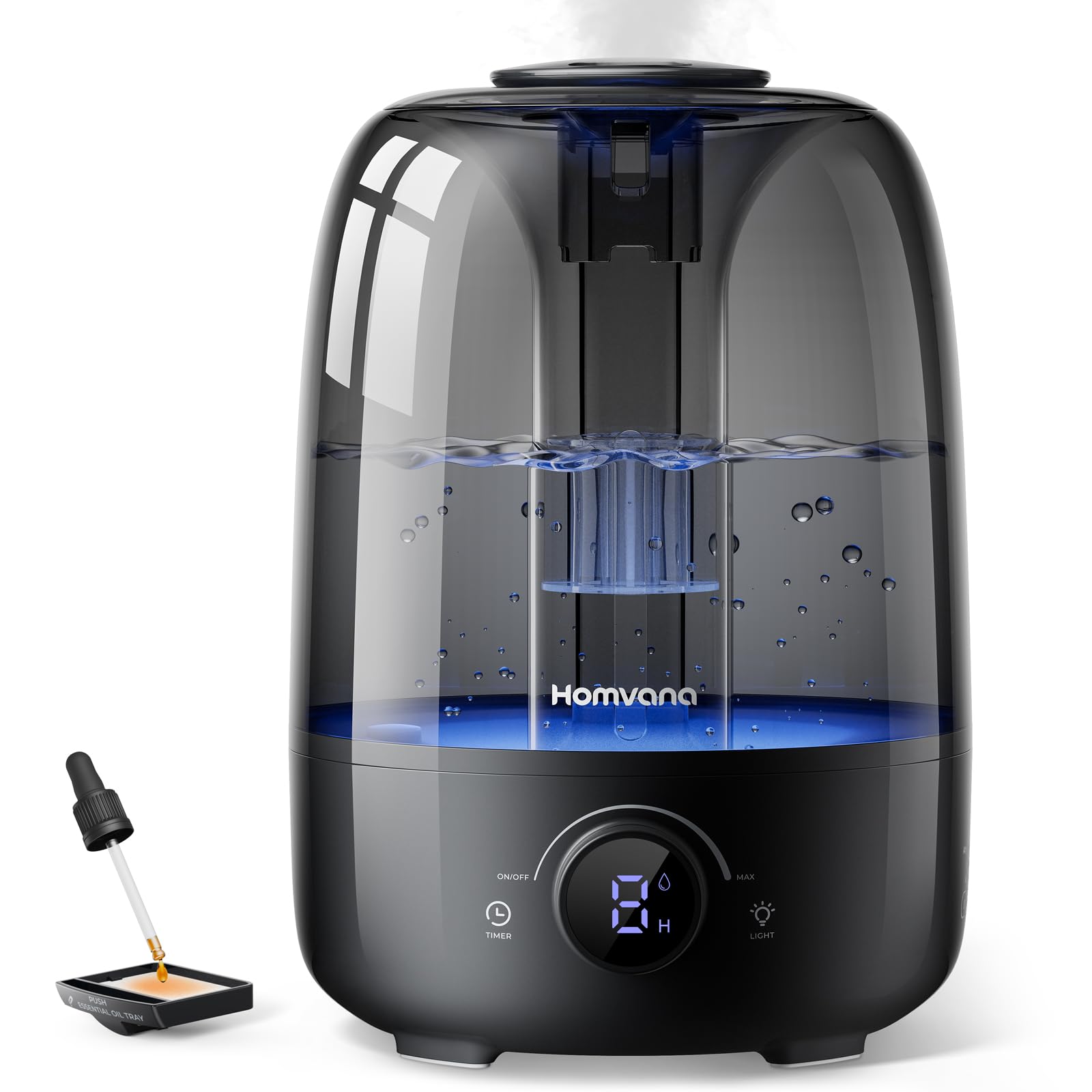 Homvana 4L Umidificatore Ambiente Bambini, 25dB, Cool Mist, Top-Fill | Humidifier 40H Runtime 25dB Quiet, Diffusore Oli Essenziali, Easy to Clean Ultrasuoni, Plants, Baby (Nero)