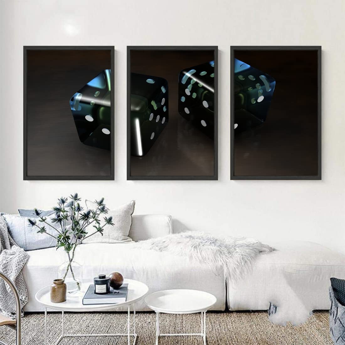 VERRE ART Printed Framed Canvas Painting for Home Decor Office Studio Wall Living Room Decoration (46x27inch (3Parts) Black) - black dice animados