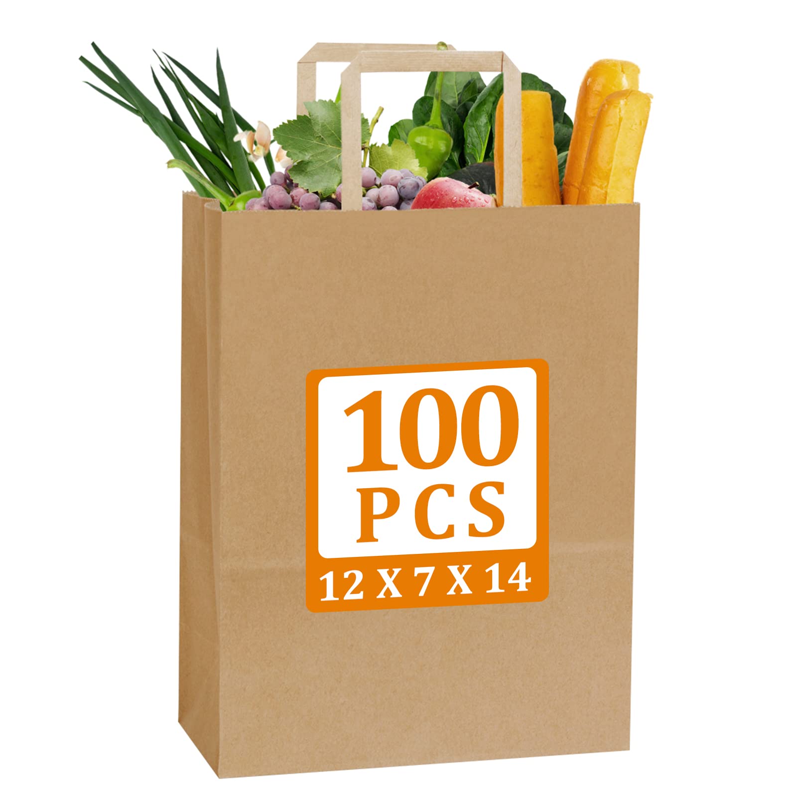 boxusa Kraft Paper Bags with Handles 12x7x14 100pcs Large Brown Paper Bags for Grocery Shopping Small Business Give Bags, Take Out Bags, Retail Bags, Merchandise Bags
