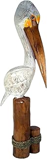 Pelican Standing on Triple Piling Wooden Figurine Statue, Nautical Décor, 40 Inches