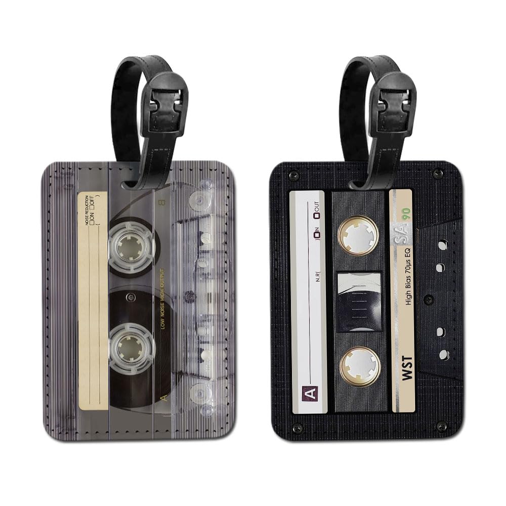 WIRESTER Set of 2 PU Leather Luggage Tag Name Tag Bag Tag for Travel Suitcase Baggage Luggage - Retro Cassette Tape, Retro Black Cassette Tape