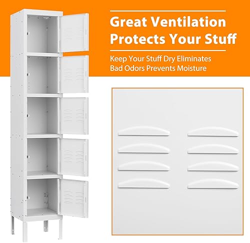 Vista 4 de Taquillas de metal para empleados, armario de almacenamiento de acero con 5 puertas para el hogar, oficina, escuela, gimnasio (blanco)