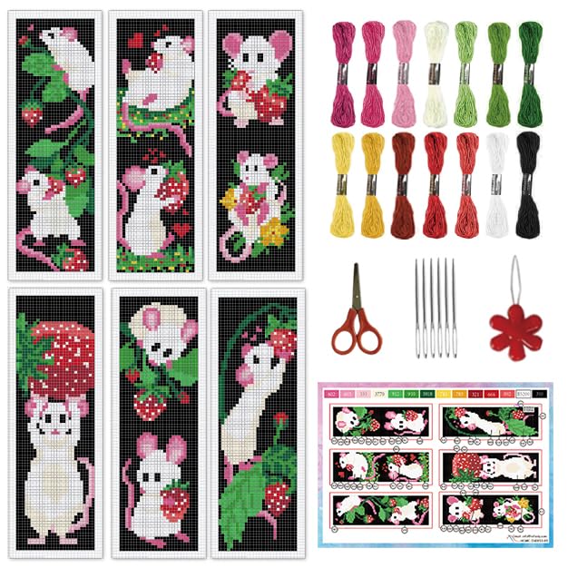 INFUNLY 6 pcs Mouse Strawberry Cross Stitch Bookmark Kit for Beginner Adults Mouse Embroidery Bookmark Kit with Instructions Black Printed DIY Cross Stitch Kit for Book Lovers Readers Gift