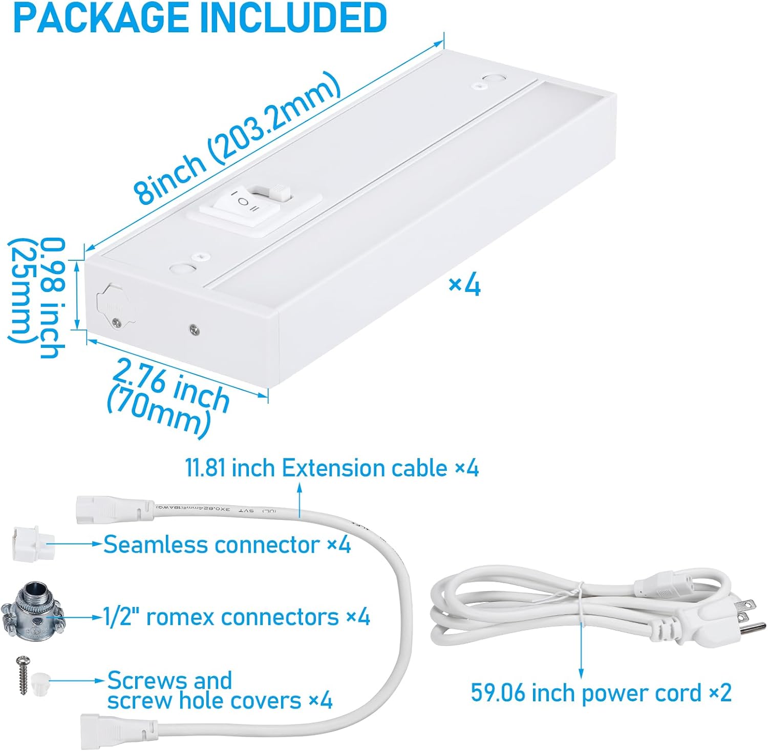 TORCHSTAR LED Under Cabinet Lighting 5CCT, 12 Inch 8W 600LM, Hardwired  Plug-in, 5 Color Selectable CRI90 120V ETL T24 Listed Dimmable Under Counter Lights for Kitchen, White Aluminum Housing, 4 Pack