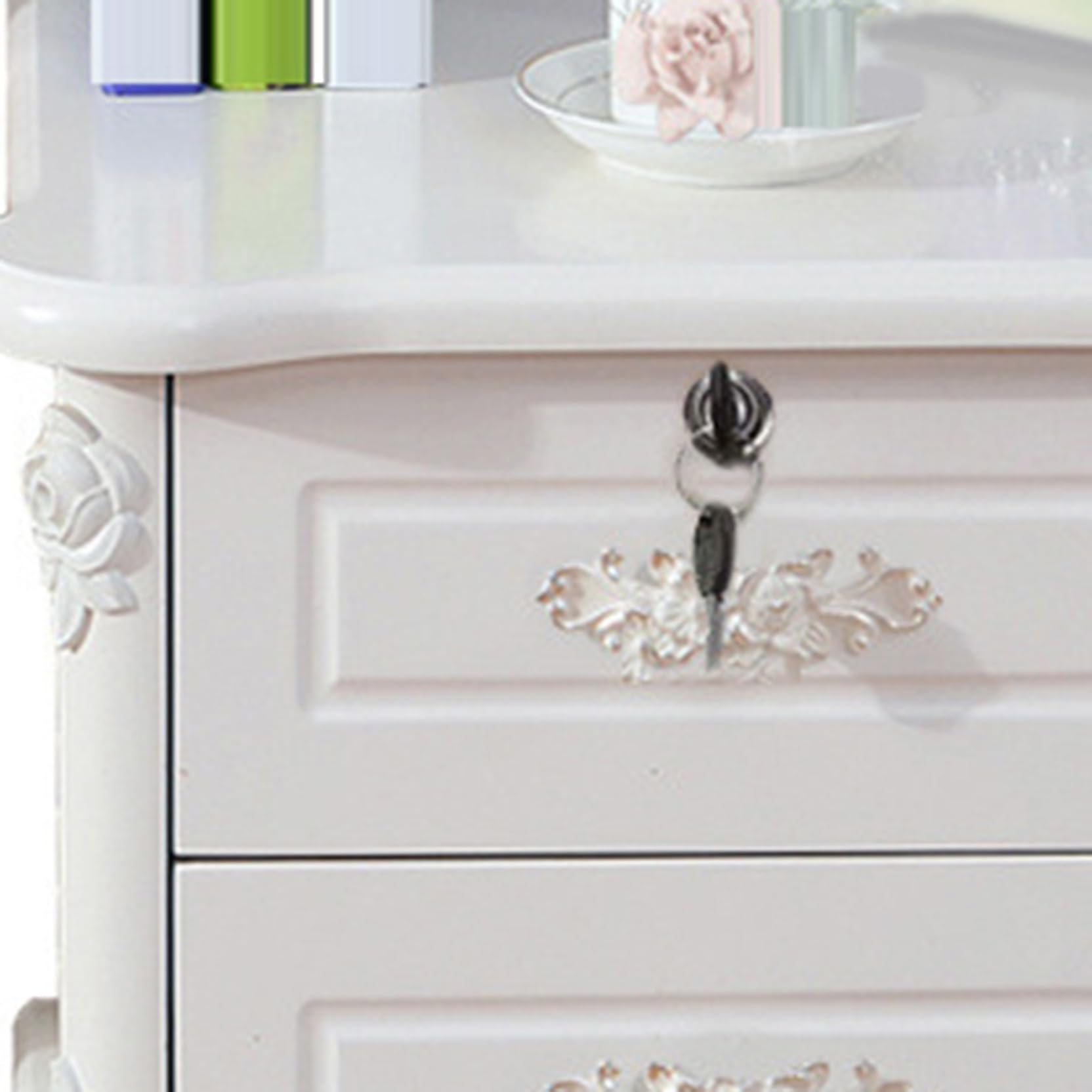 ホワイト バラ サイドテーブル ロココ調 猫脚 引き出し 木製 薔薇