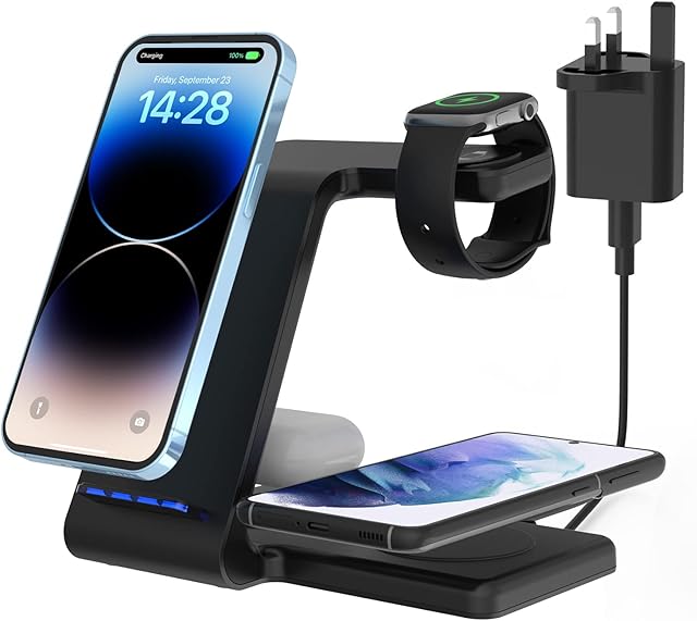 Wireless Charging Station, JoyGeek 4 in 1 Wireless Charger Stand for iPhone 14/13 Pro Max/13/iPhone 12/12 Pro Max/11 Pro Max/SE/XR/XS Max/8 Plus/Apple Watch 7/6/SE/5/4/3/2, Airpod Pro/3/2, Black