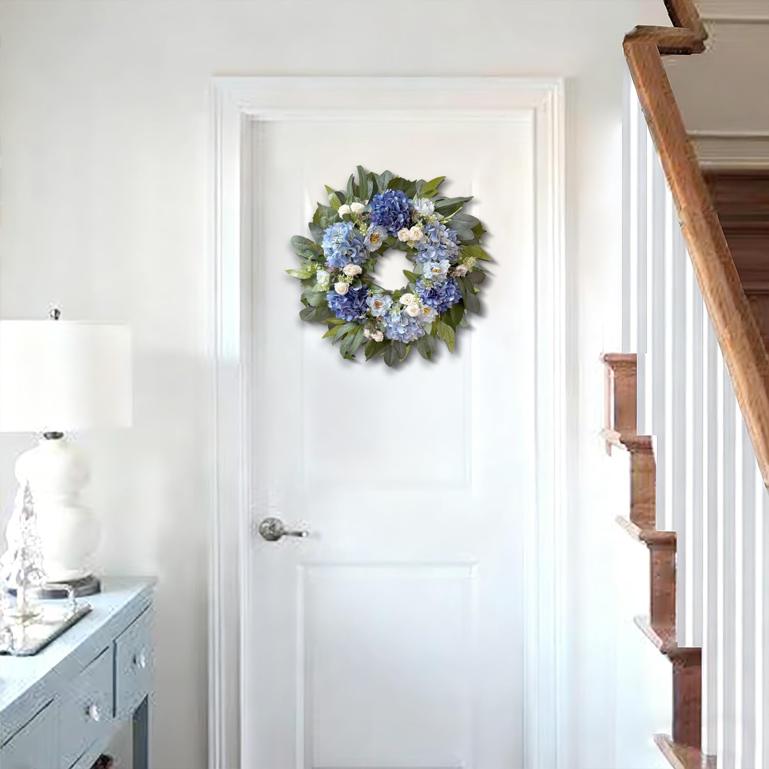 WANNA-CUL 24 Inch Spring Blue Hydrangea Wreaths for Front Door,Spring Door Wreath with Blue White Rose and Peony Flower for Wedding or Indoor&Outdoor Wreath Decoration
