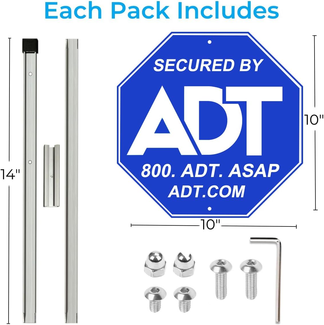 1 Pack ADT Security Sign,10" x 10" Aluminum Sign with 28" Metal Stake, ADT Security Yard Sign for Home Security,Reflective Fade Resistant Warning Sign,Includes Screws & Wrench