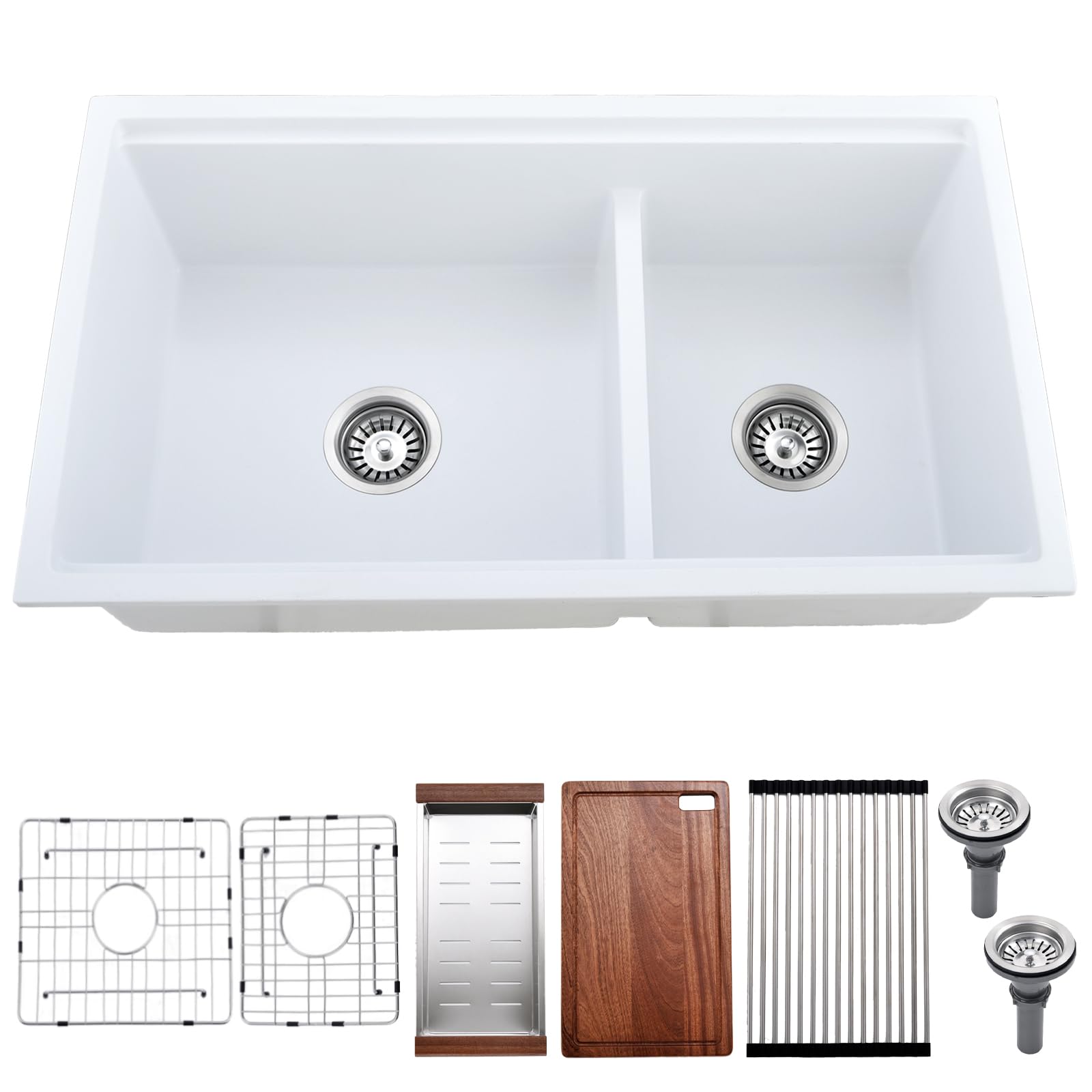 Photo 1 of Kitead 33x19 White Double Bowl Kitchen Sink Undermount - 33 Inch White Undermount Granite Kitchen Sink, Double Bowl Granite Sink Workstation with Accessories
