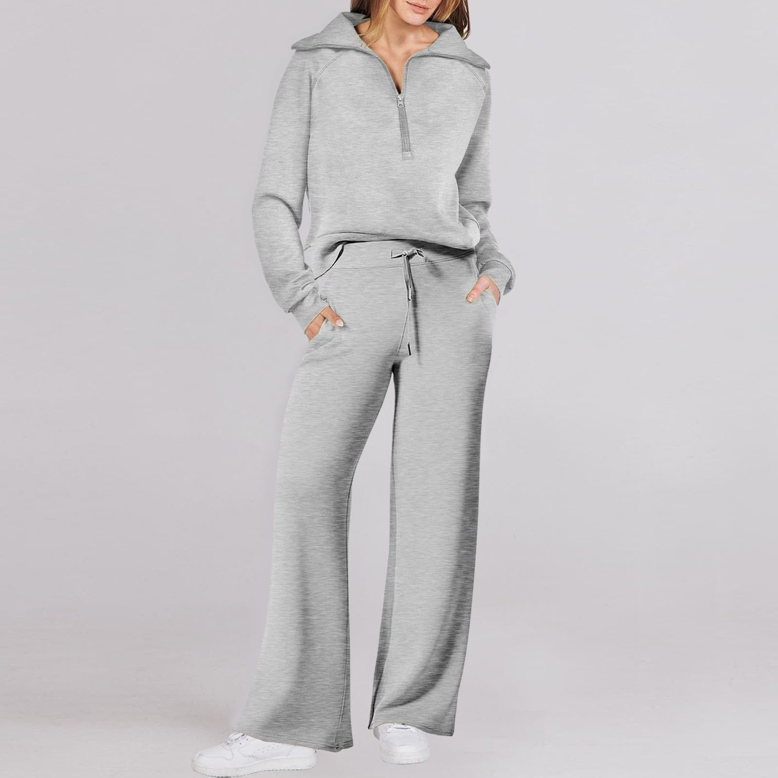 Conjunto completo de chándal para mujer, pierna ancha, media cremallera, casual, con cremallera de un cuarto y pantalones deportivos, a la moda, Y2K, para novio, cómodos, térmicos, para otoño