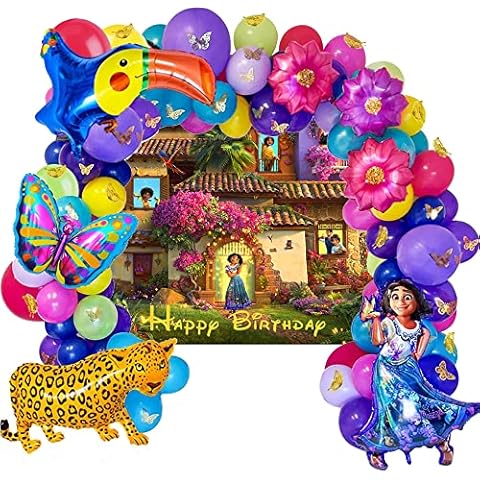 Encanto Birthday Party Supplies, 139Pcs Balloons Arch Garland Kit, Assorted Latex Balloons, Mirabel Flower Foil Balloons and 3D Gold Butterfly Stickers for Magic Movie Birthday Party Decorations Cover