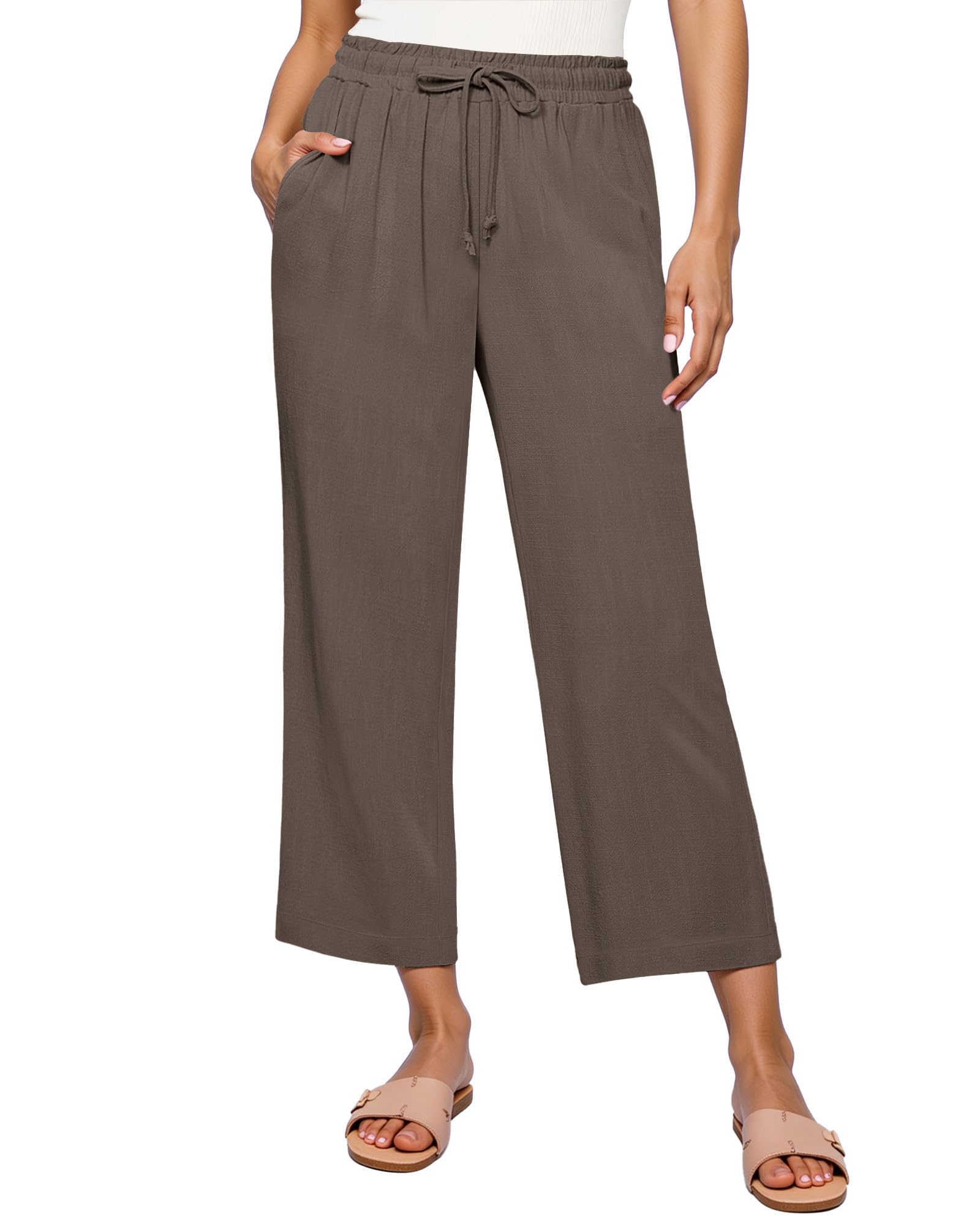 GRAPENT Linen Pants for Women High Waisted Wide Leg Capri Elastic Waist Casual Beach Flowy Cropped Summer Capris