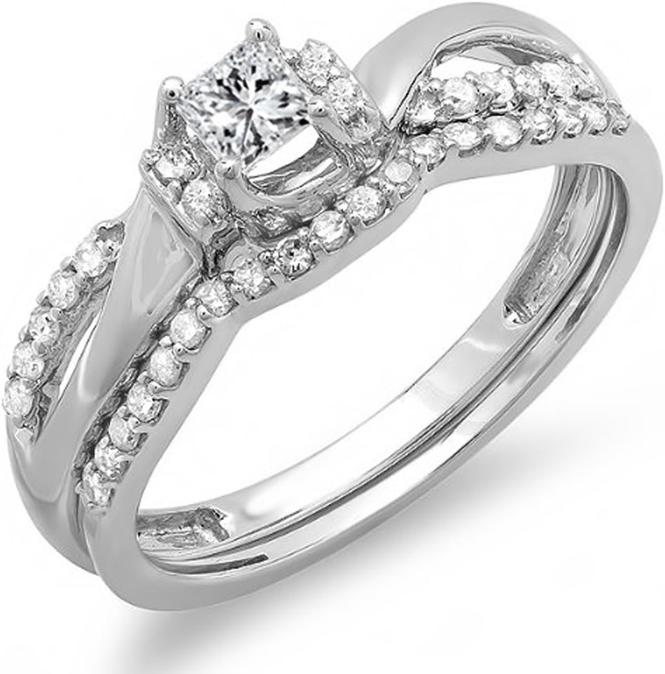 Dazzlingrock Collection 0.40 Ctw 10k Princess & Round Diamond Womens Bridal Swirl Wave Ring Matching Band Set, Solid White Gold