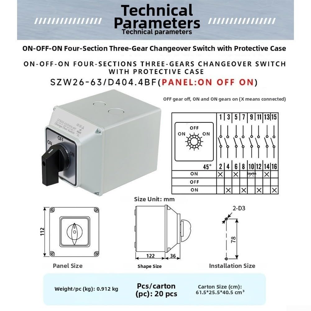Wechselschalter ON-OFF-ON 63A IP65 Wasserdicht Drehschalter 3 Stufen 440VAC Silberkontakte Robust Lasttrennschalter IP65 Schutzart Für Industrie AC/DC Umschalter 63A Nennstrom Flammschutzgehäuse(B)