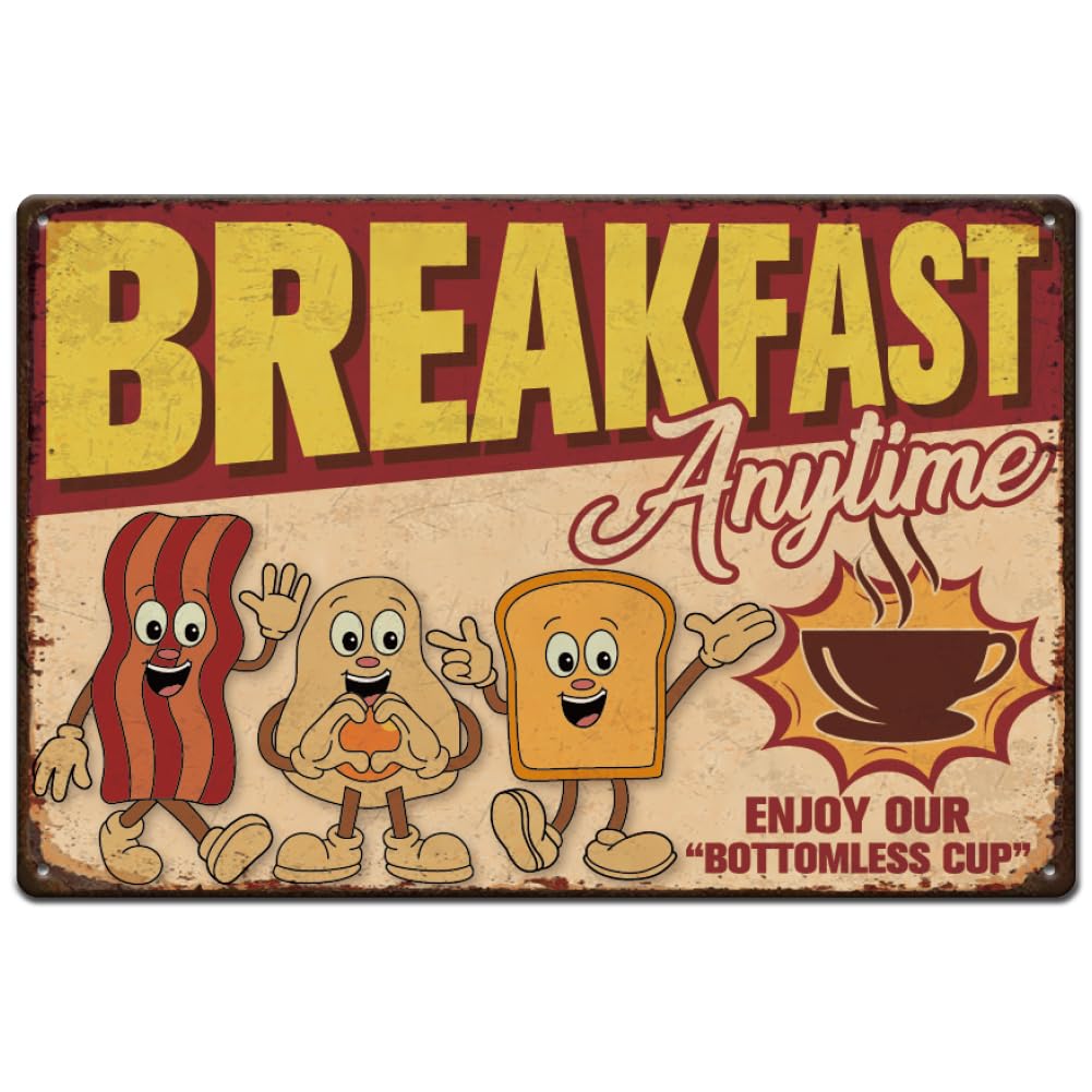 peiyeety Breakfast Anytime Metal Tin Sign Funny Breakfast Coffee Diner Tin Signs Retro Metal Poster for Home Kitchen Restaurants Cafes Bars Pub Man Cave Wall Decor Plaque Sign 8"x12"