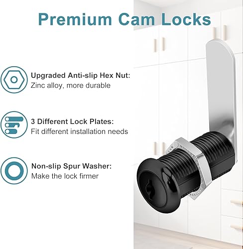 Miniatura 6 de Cam Locks - Cerraduras negras para gabinete con llave similar, cilindro de 1-38 pulgadas de longitud. Se adapta a un grosor máximo del panel de 1-18