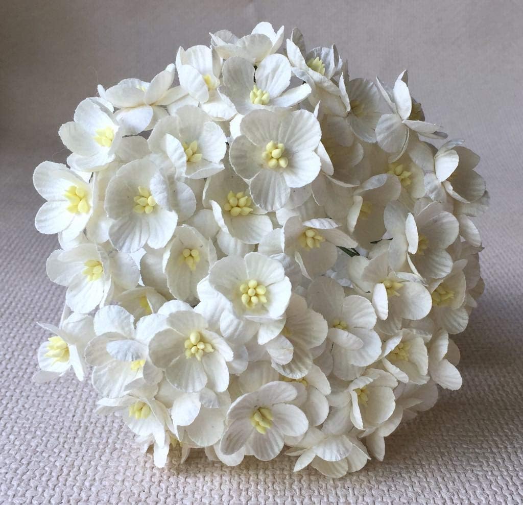 50 pcs Mini Paper Flower Sakura White Color 20-25 mm Mulberry Paper Flowers, Small Paper Flower for Scrapbooking Embellishment DIY Wedding Card Supplies (White Color)