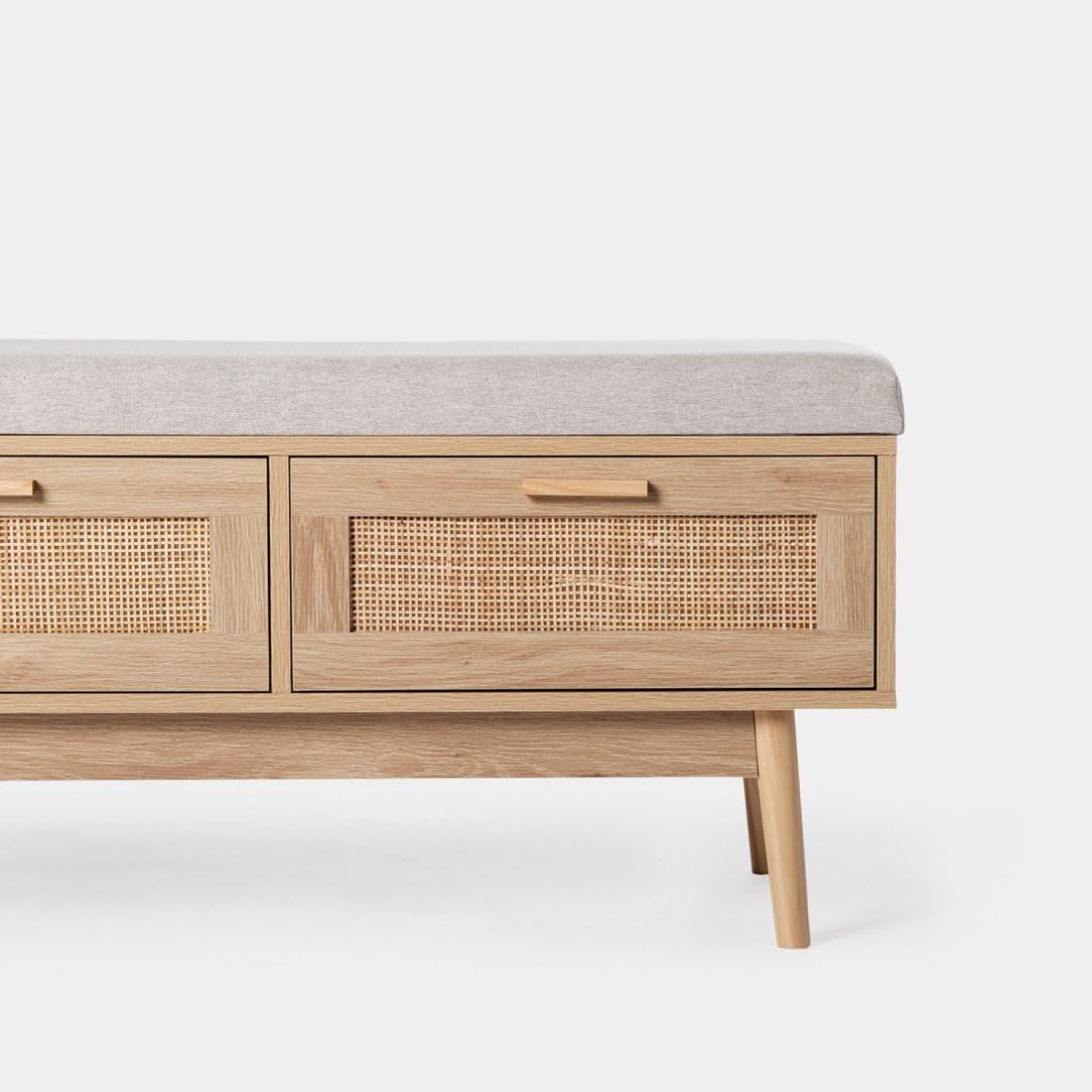 KLAST Banc en Bois et Rotin Naturel avec Coussin Tahiti Comprend Deux Tiroirs et Apporte Une Touche Naturelle et Confort à Tout Espace