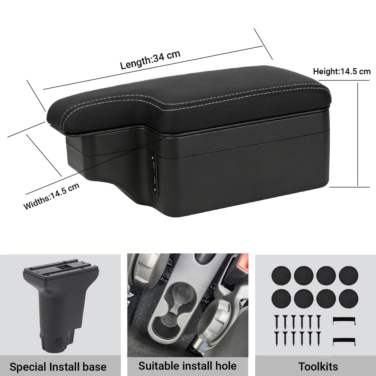 YJYWZH compatibile con FIAT 500 Bracciolo Auto Centrale 2012-2024 Braccioli, con Base di Montaggio Dedicata, 5 Porte USB, Doppio vano Portaoggetti Nero con Cuciture Bianco