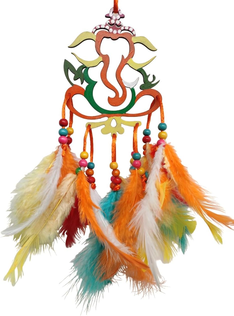 VarenyamGanesha Dream Catcher for Car and Home, Car Mirror Hanging Accessories, Gift, Ganpati Wall Hanging, Wind Chime, Feather Car Decoration Accessories, Handmade Home Décor Hangings for Positivity