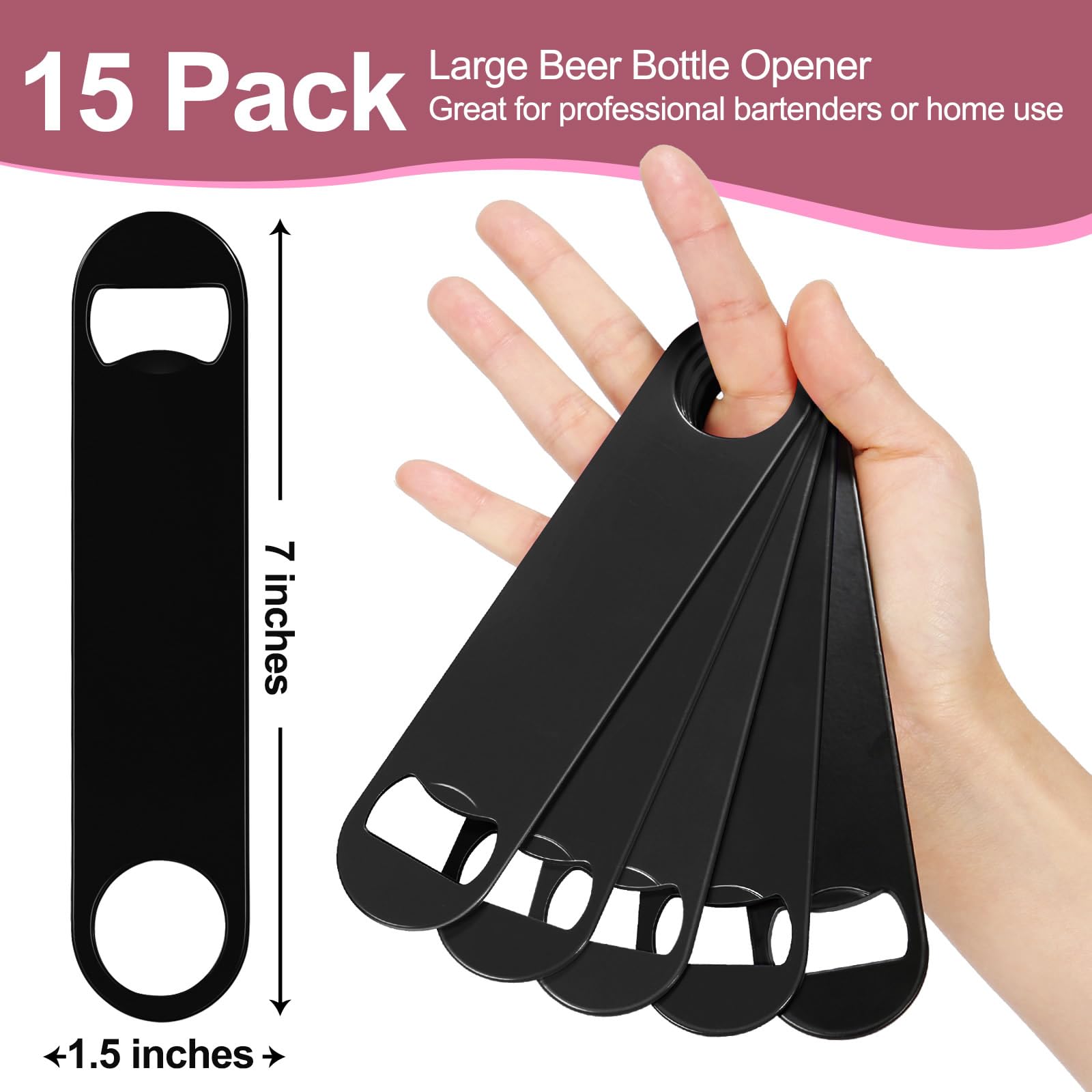 Paquete de 15 abrebotellas plano de acero inoxidable negro de 7 pulgadas, abridor de botellas de cerveza, abridor de botellas de bar, abridor de botellas de camarero