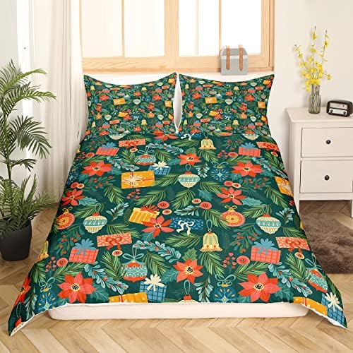 Christmas Floral Comforter Cover Poinsettia Flower Leaves Duvet Cover Red Green Christams Decorations Bedding Set Queen for Kids Teens Boys Girls,Xmas Bell Lantern Bed Sets Lodge Cabin Home Decor