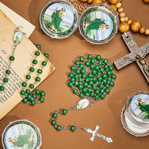 Bucherry 24 Pcs Saint Jude Green Scented Rosary Necklace Baptism Party Favor Catholic Gift with Box Saint Jude Rosary Bead Holy Prayer Necklace with Crucifix Cross4