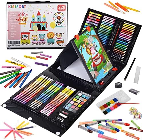 KINSPORY Art Supplies, 228 Pack Art Sets Crafts Drawing Coloring kit, Double-Side Trifold Art Easel, Oil Pastels, Crayons, Colored Pencils, Creative Gift for Beginners Artists Girls Boys Kids (Black)