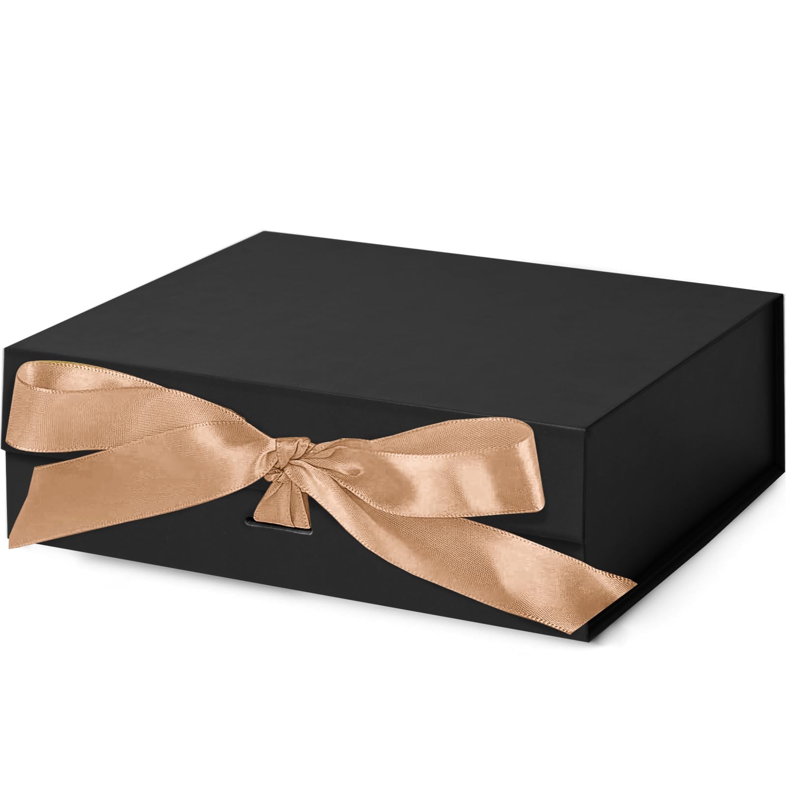 JOHOUSEBlack Gift Box, 10.5x7.5x3.1 inches Gift Box with Lid, Black Magnetic Closure Collapsible Gift Box with Ribbon Card Envelope for Wedding Birthday Halloween