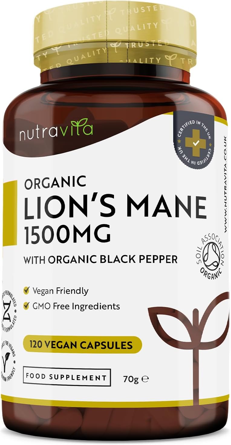 Nutravita Organic Lions Mane Mushroom 1500mg - 120 High Strength Vegan Capsules (Not Powder) - Lions Mane Supplement with Organic Black Pepper - Made in The UK