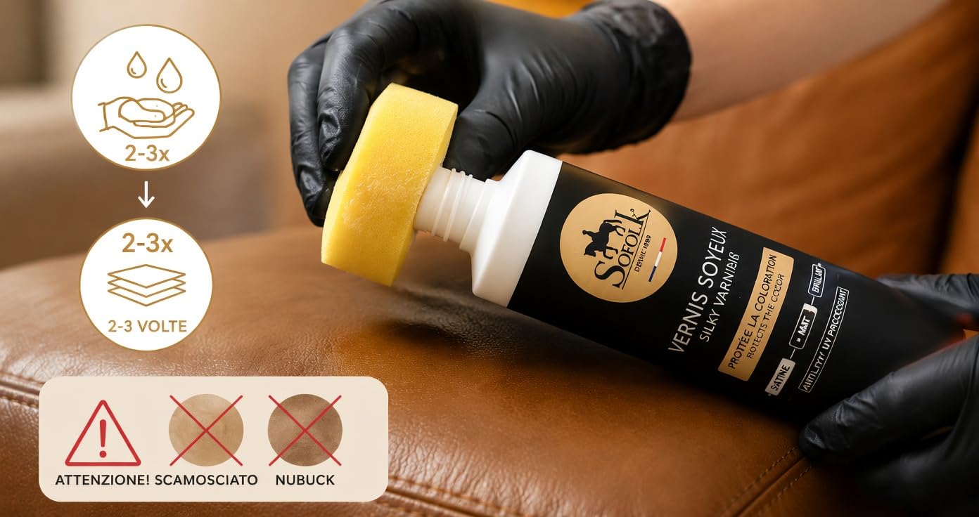 Vernice setosa per pelle. Protegge la colorazione e lo strato superficiale della pelle ed evita la screpolatura prematura (200 ml - raso)).