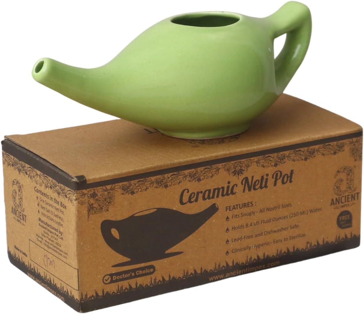 ANCIENT IMPEX Ceramic Neti Pot (Green, 250 ml) with 5 Sachets of Neti Salt – Natural Sinus Pressure & Congestion Relief | Ayurvedic Nasal Cleansing Pot