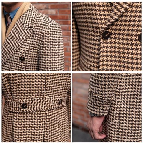 VENNNYNG Houndstooth Long Coat for Men Double Breasted Plaid Overcoat Groom Wear Long Jacket4