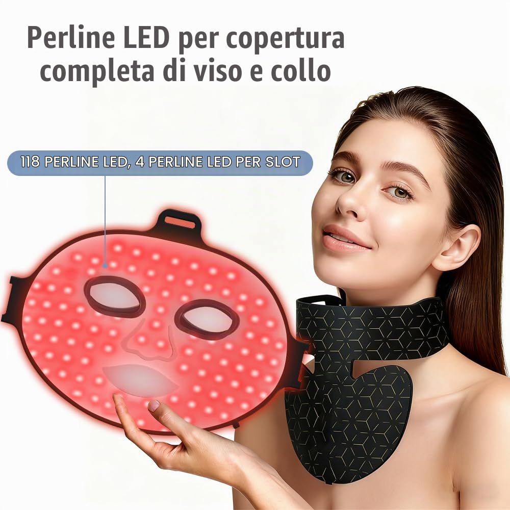 Maschera LED per Viso & Collo, 8 Colori LED Professionale Maschera Infrarossi Viso Antirughe,Timer regolabile Ricaricabile tramite USB