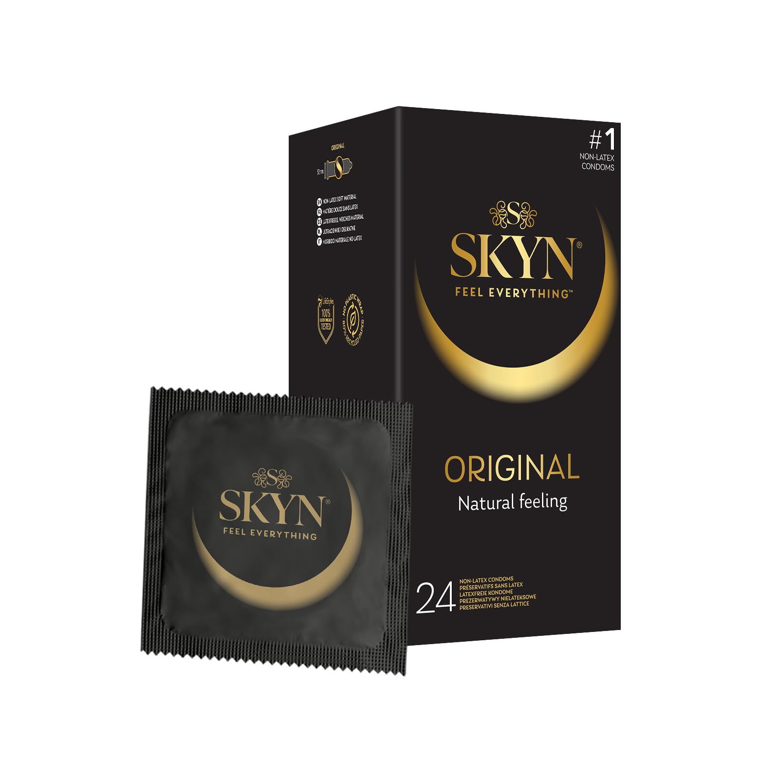 SKYN Original Condoms, Pack of 24, SKYNFEEL Latex Free Condoms for Men, Regular Size, Strong & Thin, Smooth Straight Shape, Lubricated, 53mm Wide