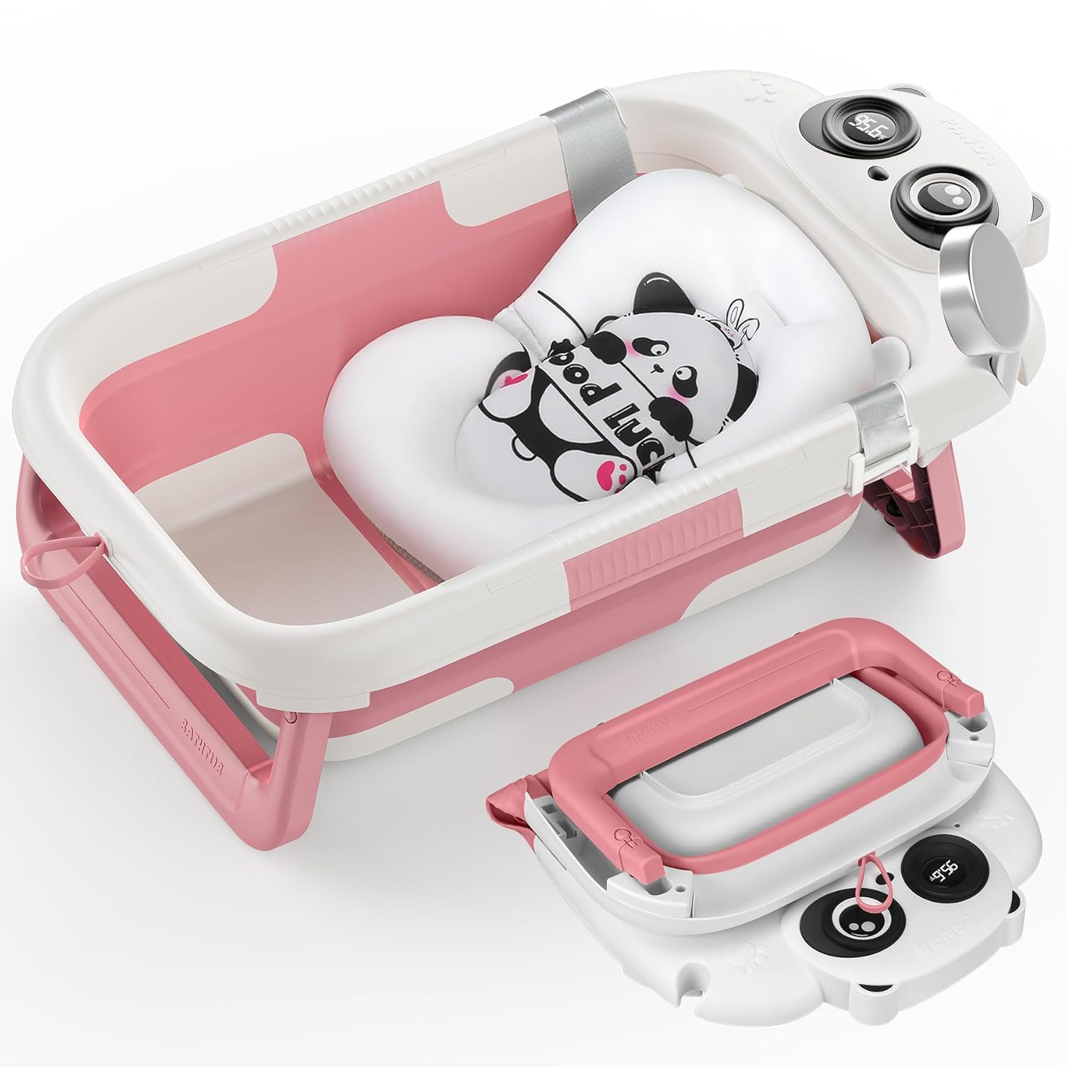 Collapsible Baby Bathtub for Infants to Toddler Baby Folding Bathtub with Thermometer Soft Floating Cushion No-Slip Hanging Portable