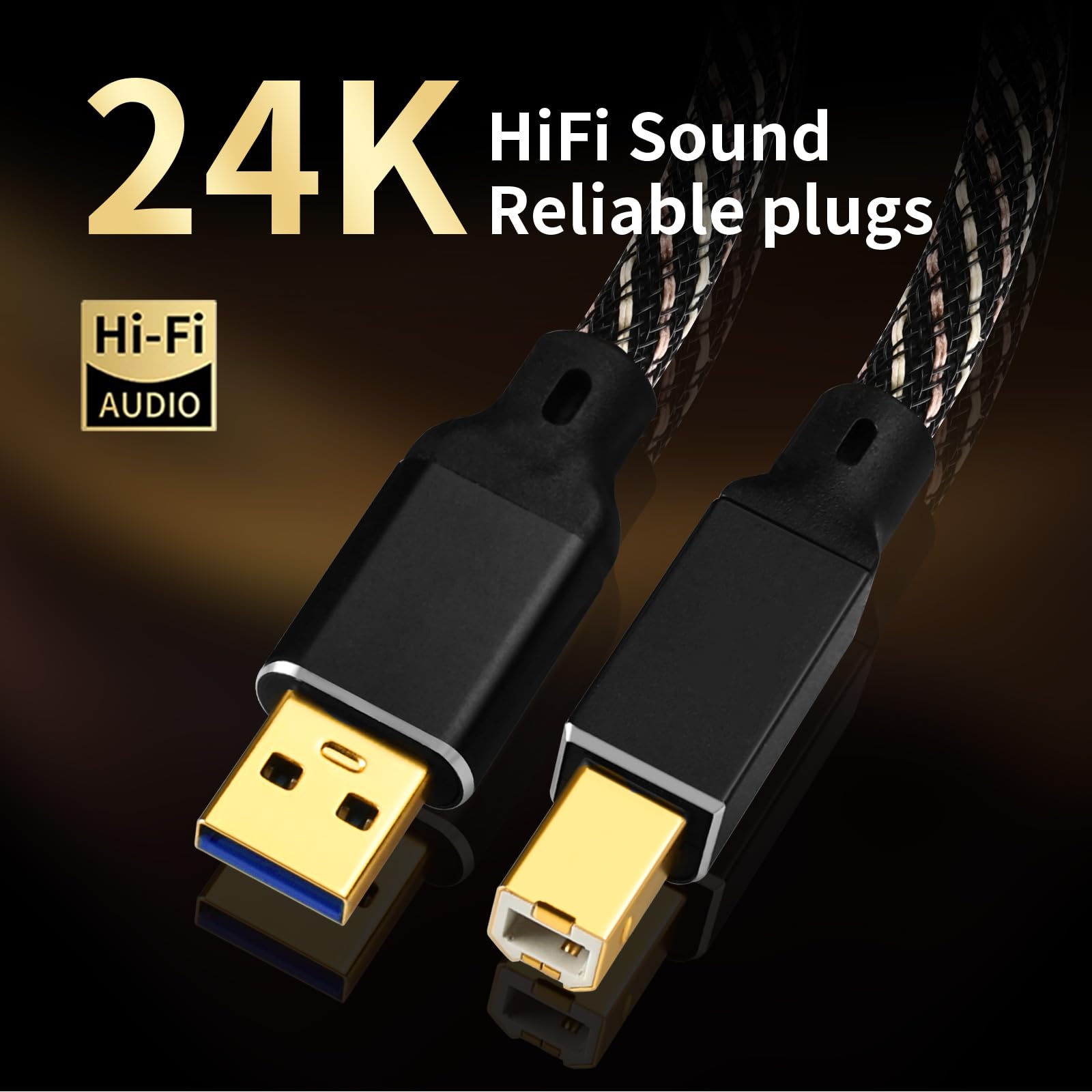 Cavo audio HiFi USB da 3 m, da USB A a USB B, nucleo OFC 4N, connettori placcati oro 24K, cavo USB A a B con treccia in nylon, compatibile con scheda audio, mixer, sintetizzatore (3 m)