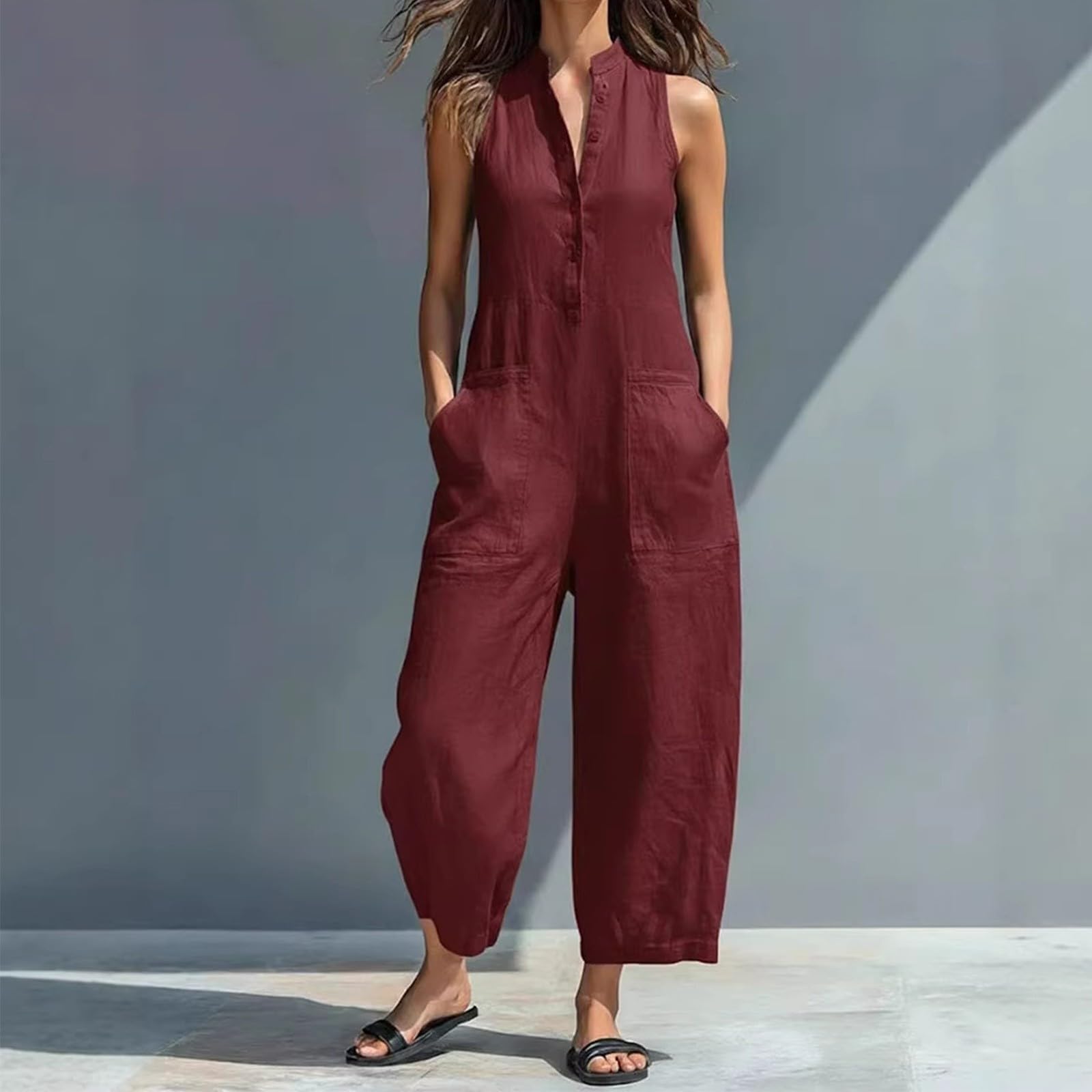 Combinaison élégante sans manches avec col en V pour femme