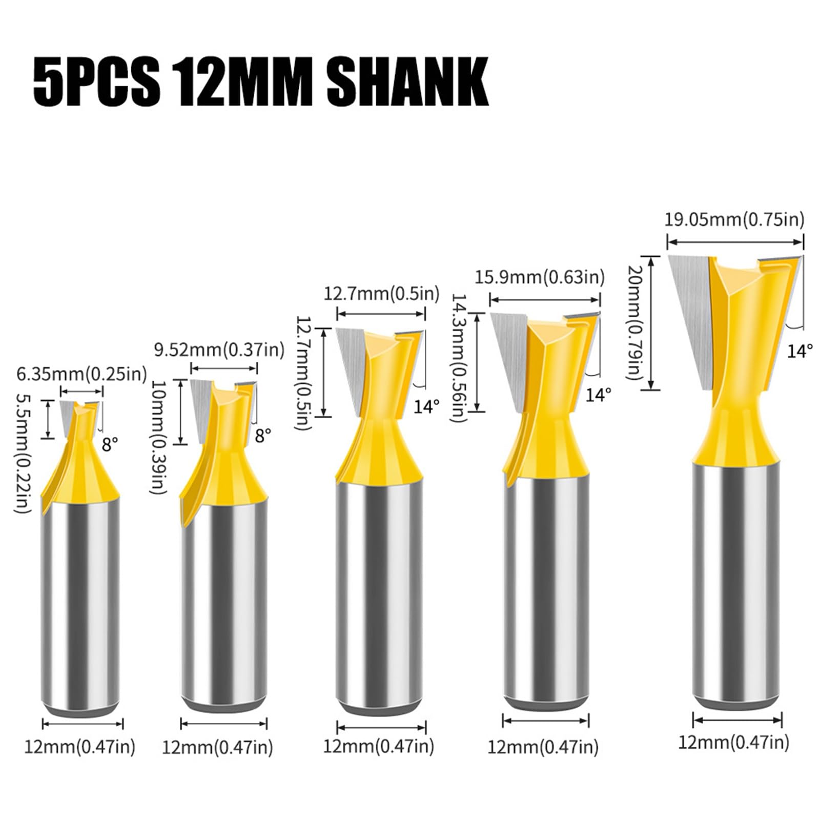 MACHSWON 5 PCS Straight Cut Router Bit Set Milling Cutter Cutting Dovetail Bit 12mm Shank,1/4" 3/8" 1/2" 5/8" 3/4" Cut Diameter Woodworking Cutting Trimming Cutter Double Flute Grooving Bits - Image 2