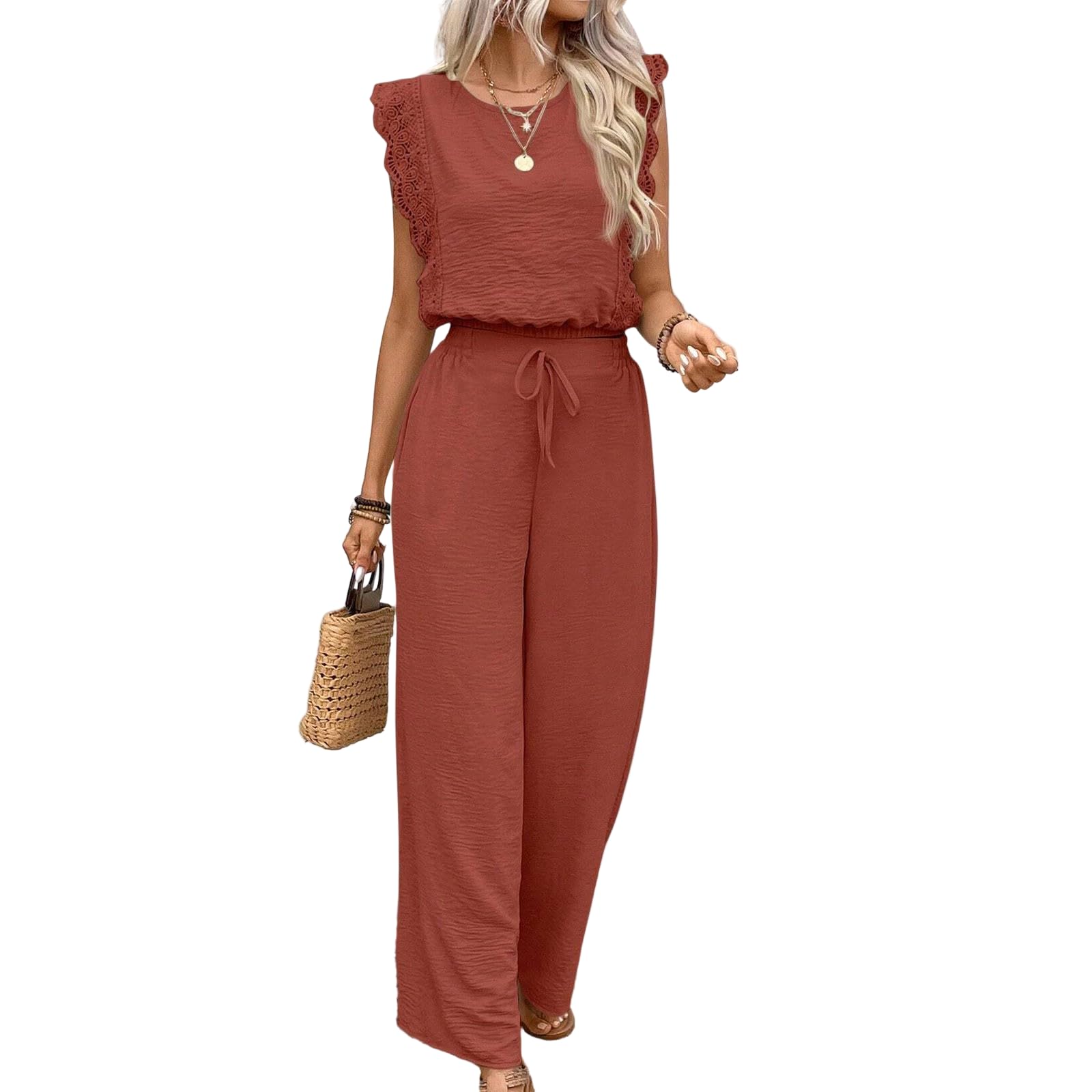 Atuendo Mujer Moderno Primavera Cintura Alta Tops Y Pantalones Sin Mangas Sportiva Tejer Delgado Color Sólido
