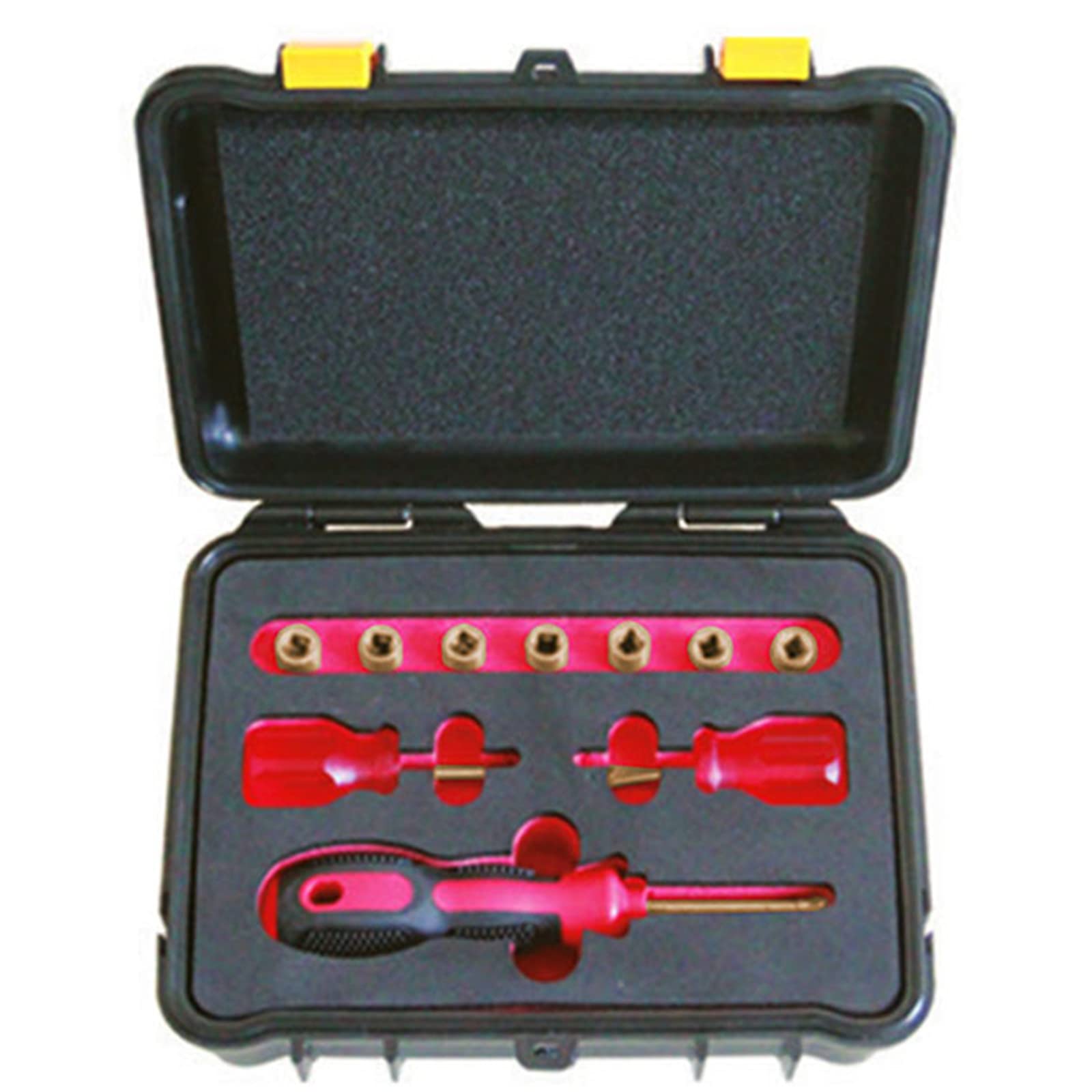 WEDO Beryllium Copper Non-Sparking 1/4" Dr Socket Set 10-częściowy zestaw narzędzi, w tym gniazdo, uchwyt typu napędowego, śrubokręt płaski, wkrętarka Stubby DIN Standard