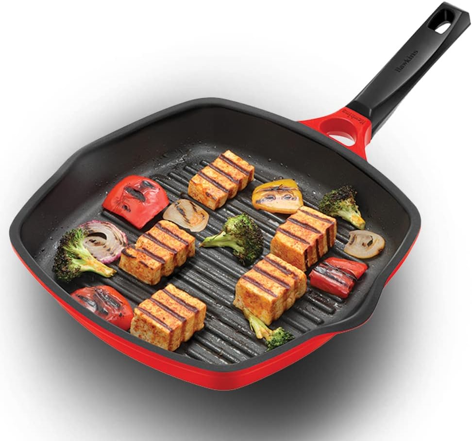 Hawkins 30 cm Grill Pan, Non Stick Die Cast Grilling Pan, Square Grill Pan for Gas Stove, Ceramic Coated Pan, Roast Pan, Red (DCGP30)