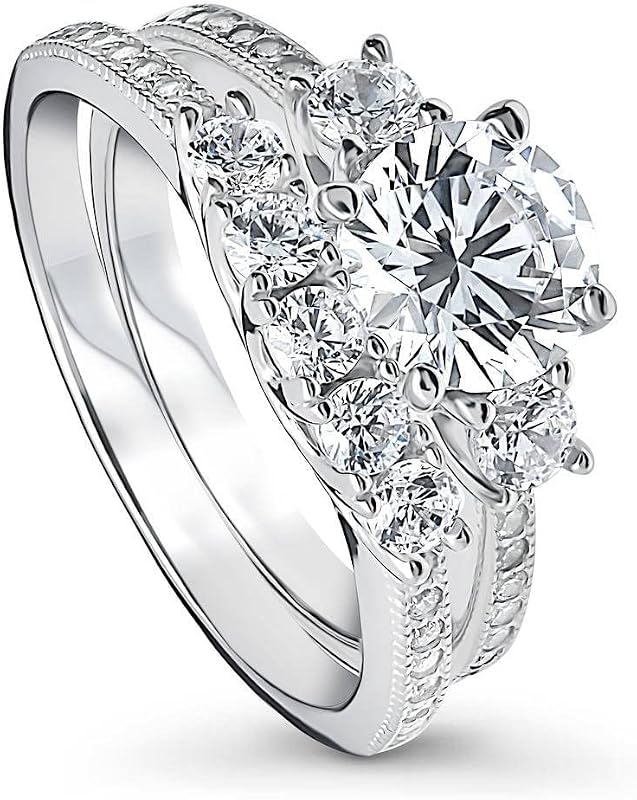 BERRICLE Sterling Silver 3-Stone CZ Wedding Engagement Rings for Women, Stackable Round Cubic Zirconia Ring, 1-3 Piece Set